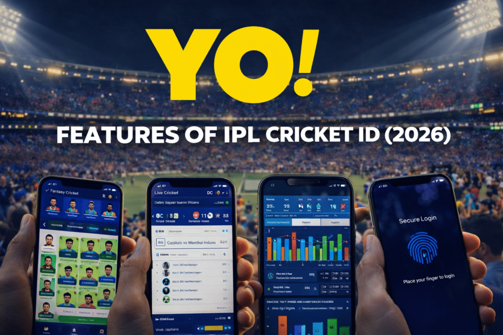 IPL Cricket ID features showing fantasy cricket app, live score dashboard and secure login system