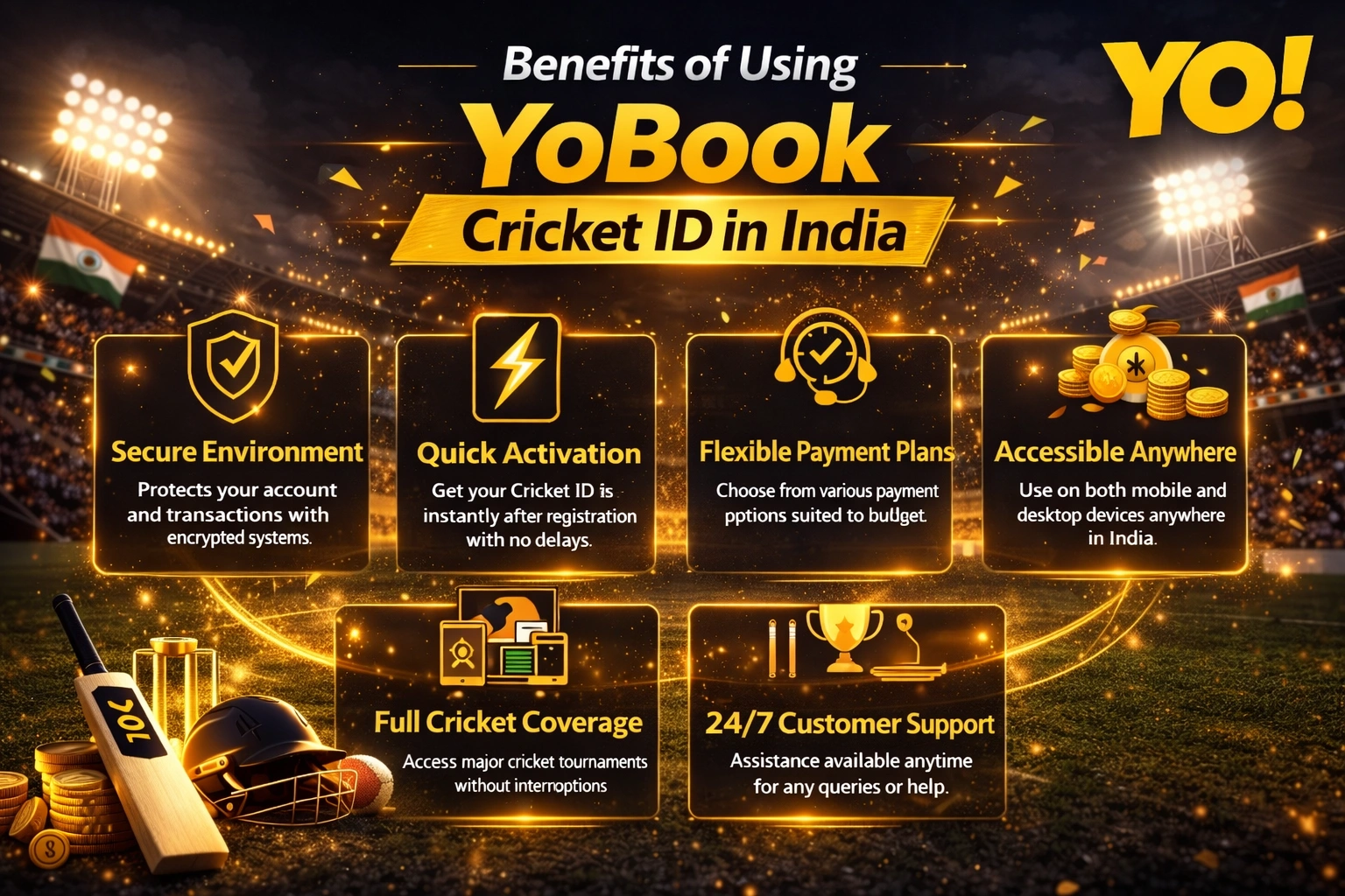 Benefits of Using YoBook Cricket ID in India banner with official YO logo
