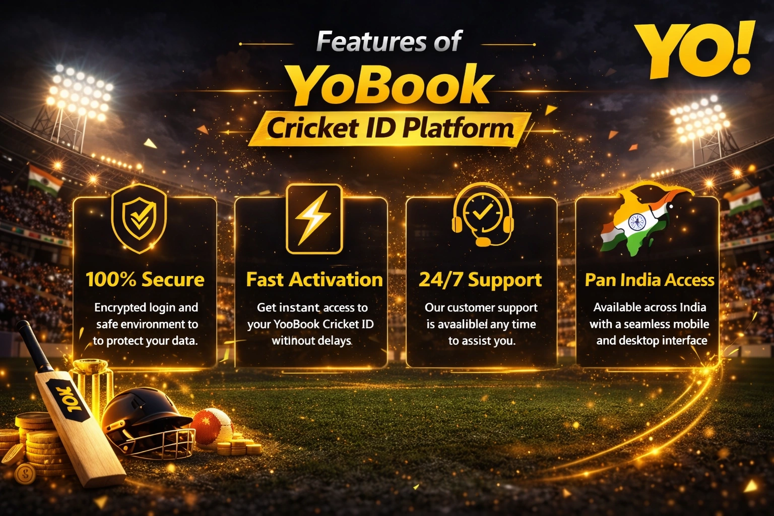 Features of YoBook Cricket ID Platform banner with official YO logo