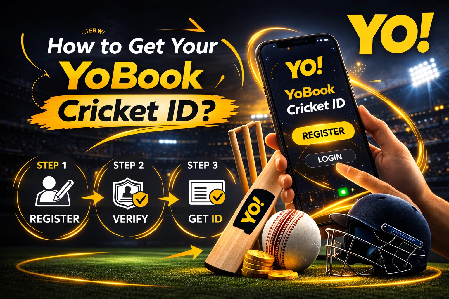 How to Get Your YoBook Cricket ID step by step banner with official YO logo