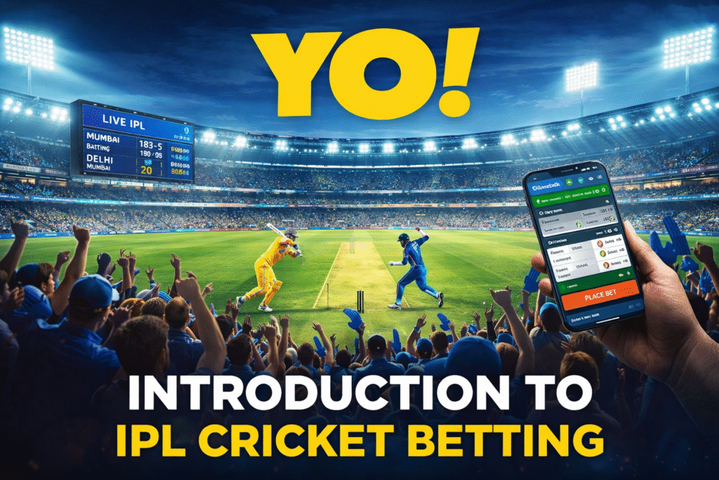 IPL Cricket Betting Introduction with YO logo and live match betting concept