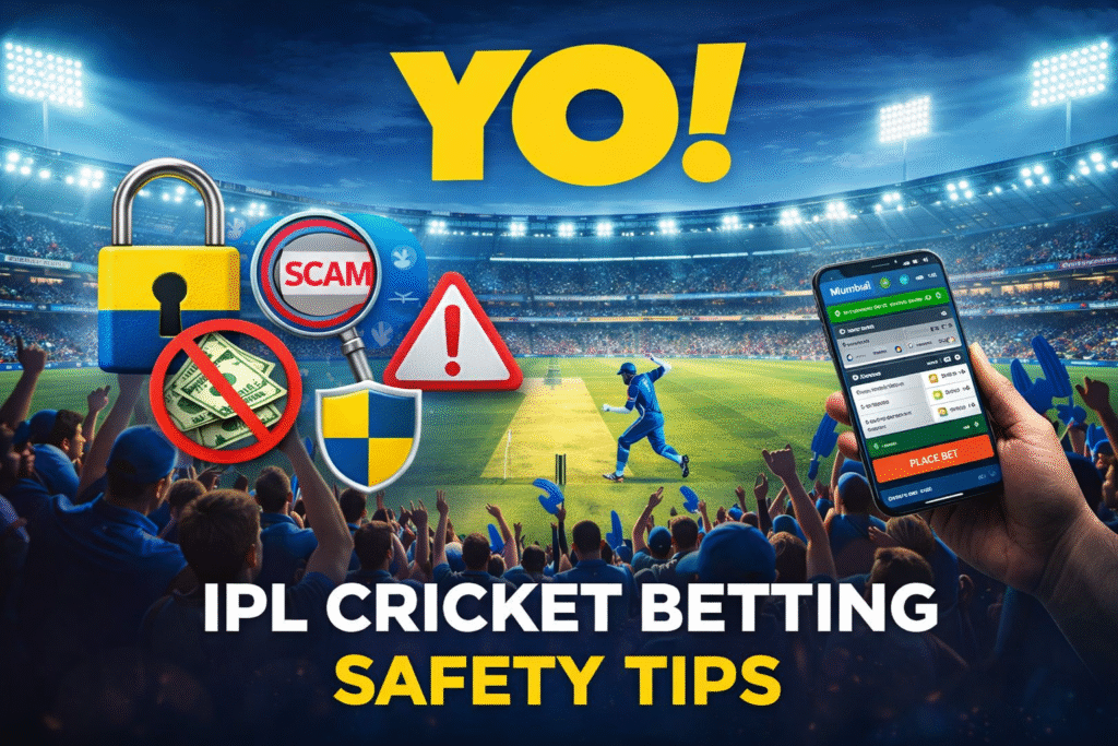 IPL Cricket Betting Safety Tips banner with YO logo and secure betting concept