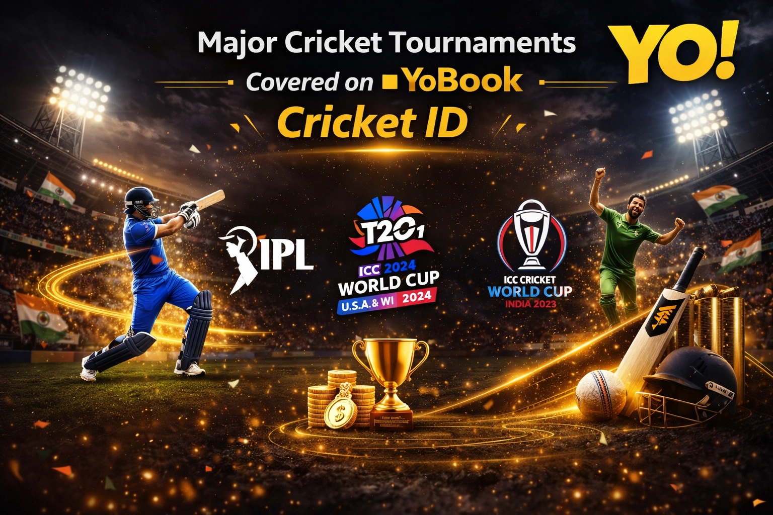 Major Cricket Tournaments Covered on YoBook Cricket ID banner with official YO logo