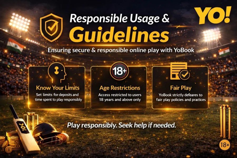 Responsible Usage and Guidelines banner for YoBook Cricket ID with official YO logo