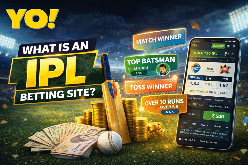 What is an IPL betting site 2026 with YO logo, online cricket betting India, IPL betting app interface, live betting odds and match winner markets
