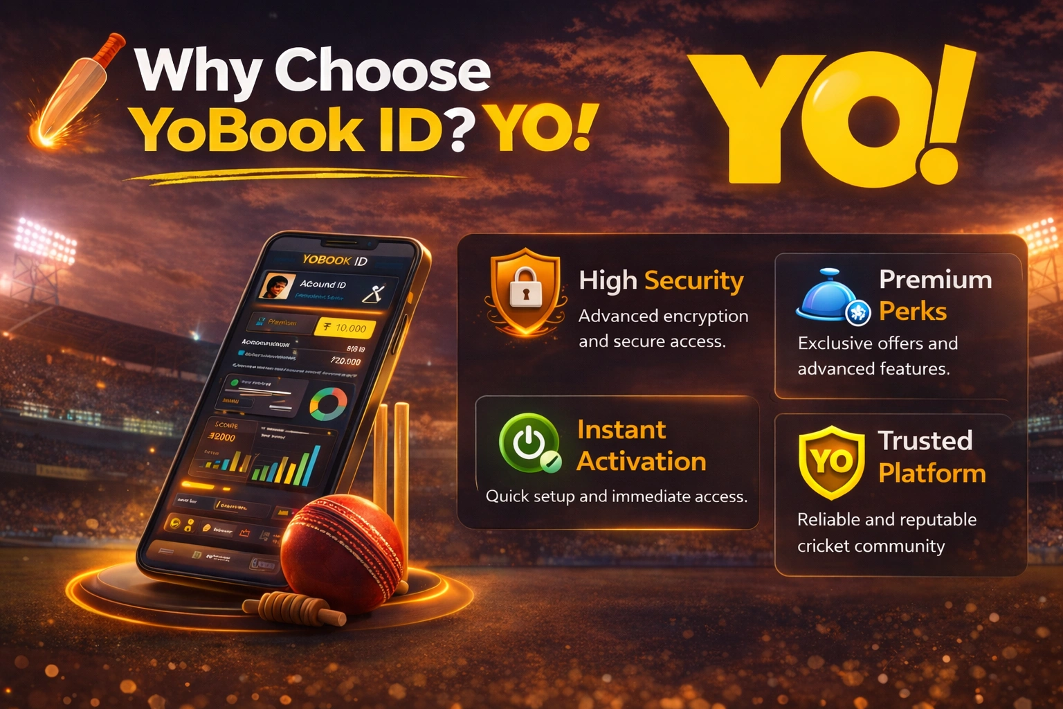 Why Choose YoBook ID banner with YO logo and cricket platform benefits