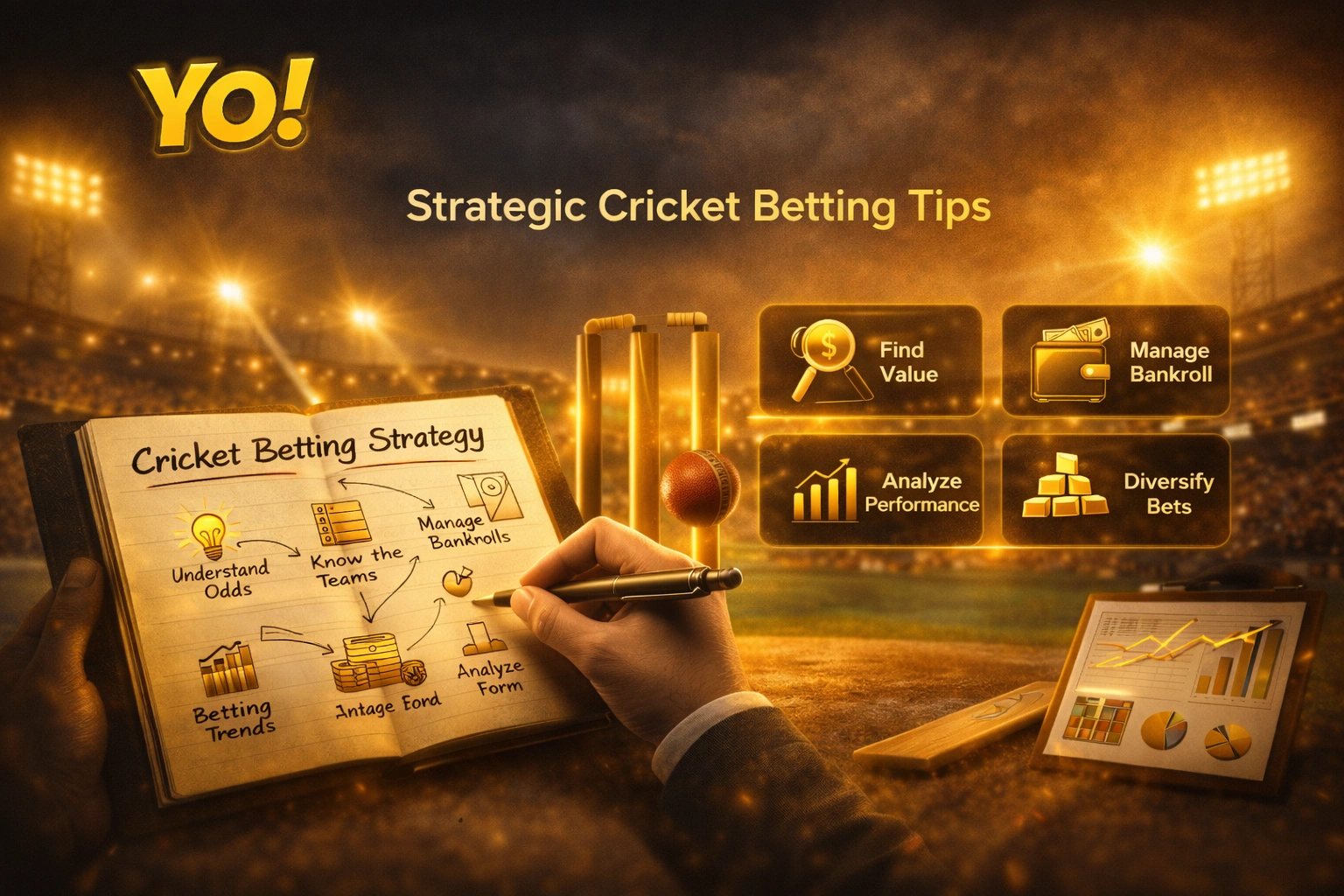 Yo Book strategic cricket betting tips banner with bankroll management and odds analysis