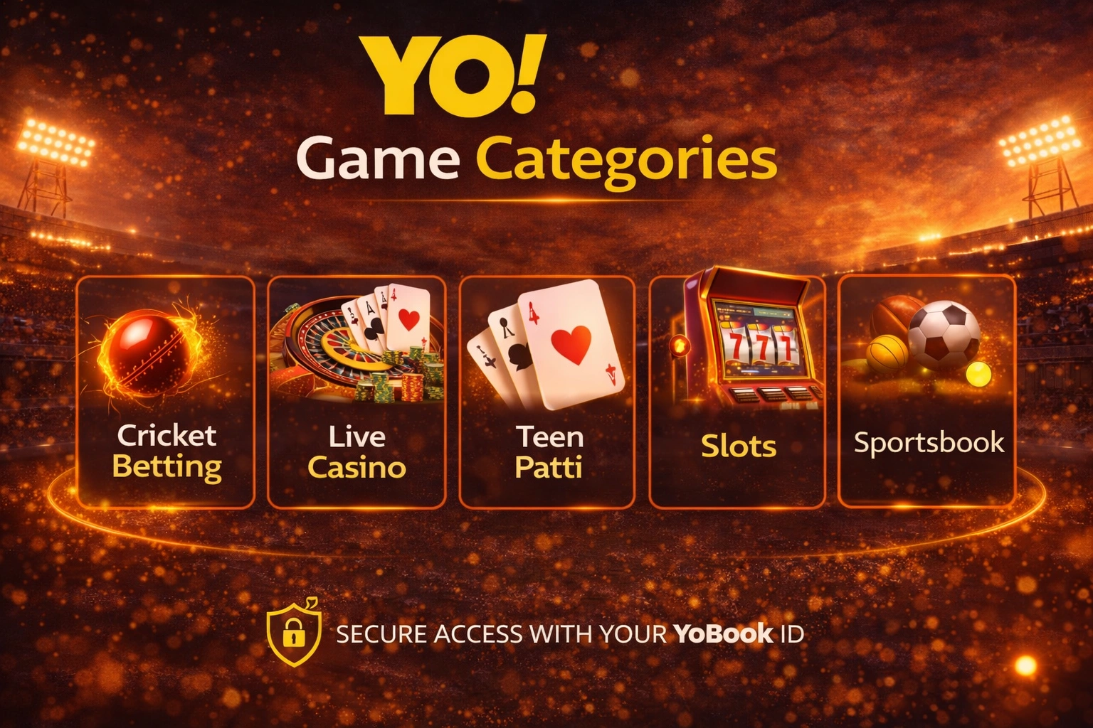 YoBook Games categories including cricket betting, live casino, teen patti, slots and sportsbook