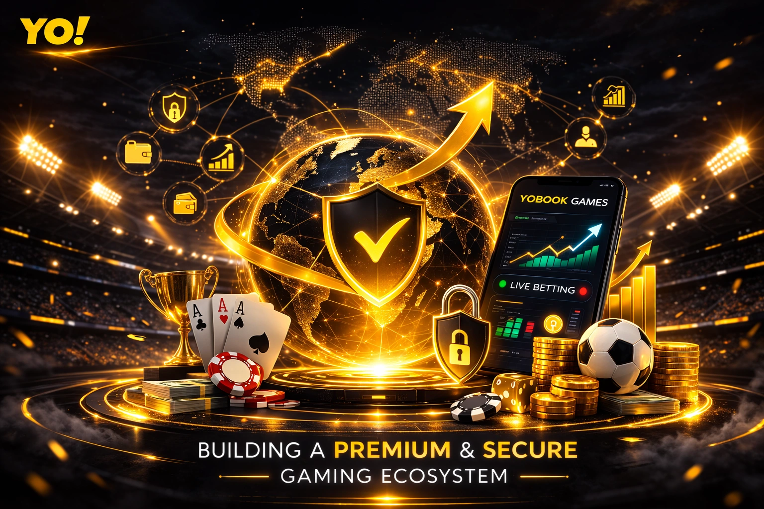 YoBook Games premium secure gaming ecosystem banner with golden YO logo