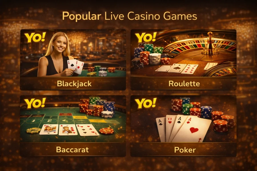 YoBook Live Casino popular games blackjack roulette baccarat poker banner